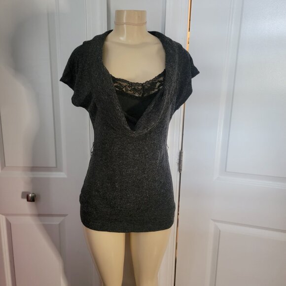 Almost Famous Women's Grey Cowl Neck Lace Insert Short Sleeve Sweater - Picture 2 of 13